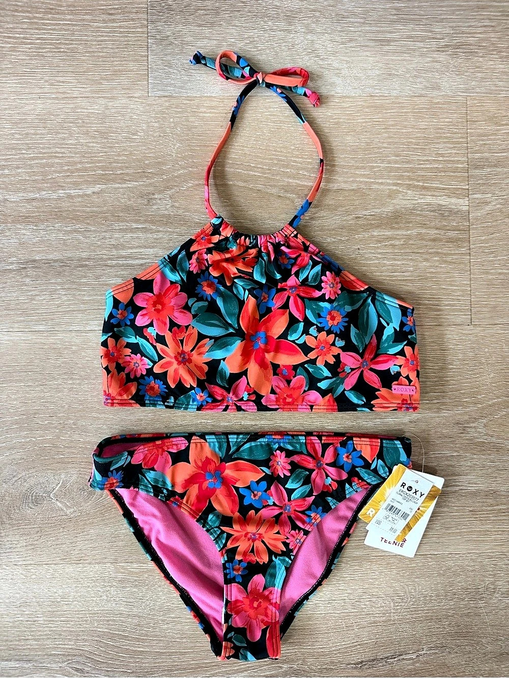 Roxy Floral Fiesta Crop Floral Bikini Set in Black & Pink Size 12 NWT